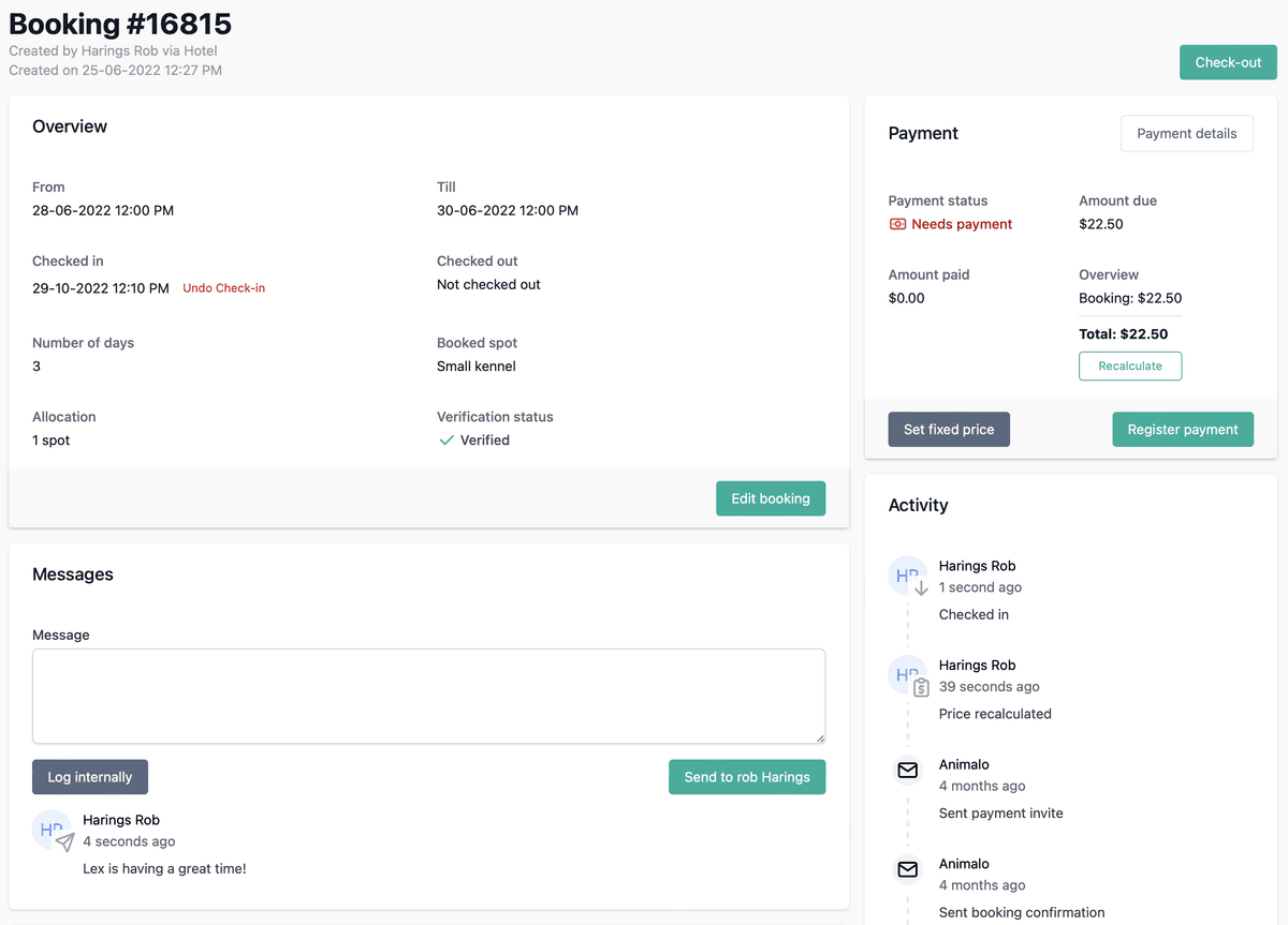 Animalo booking management interface