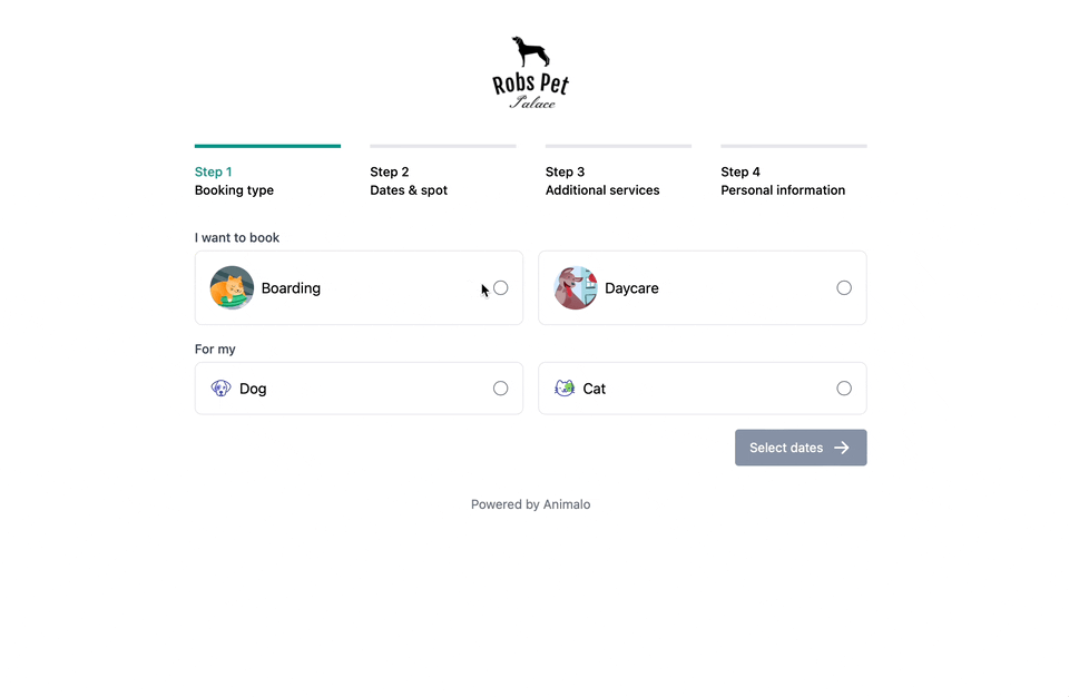 Animalo platform demo showing booking management and pet care features